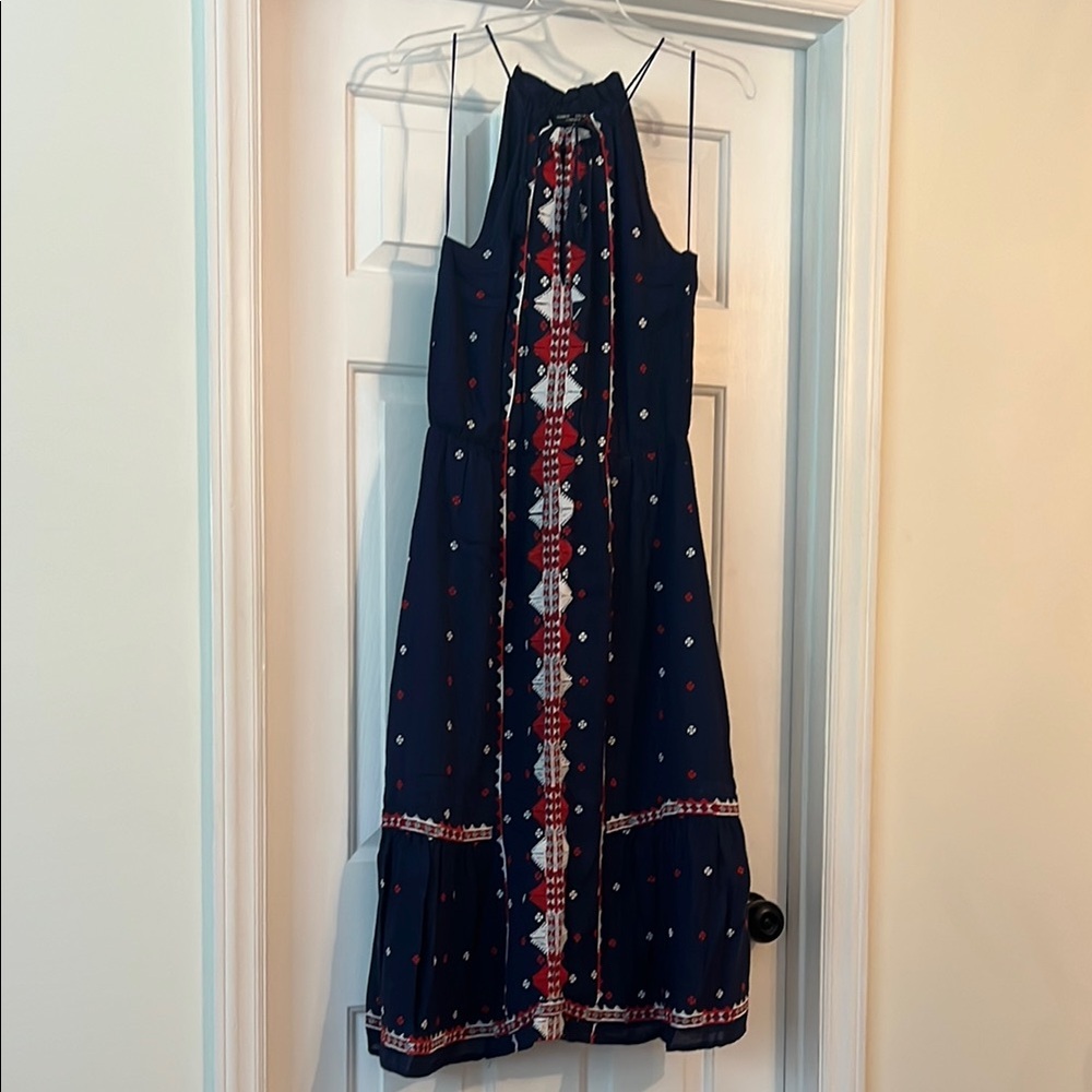 Romeo & Juliet Couture Navy Dress with Red and White Embroidery